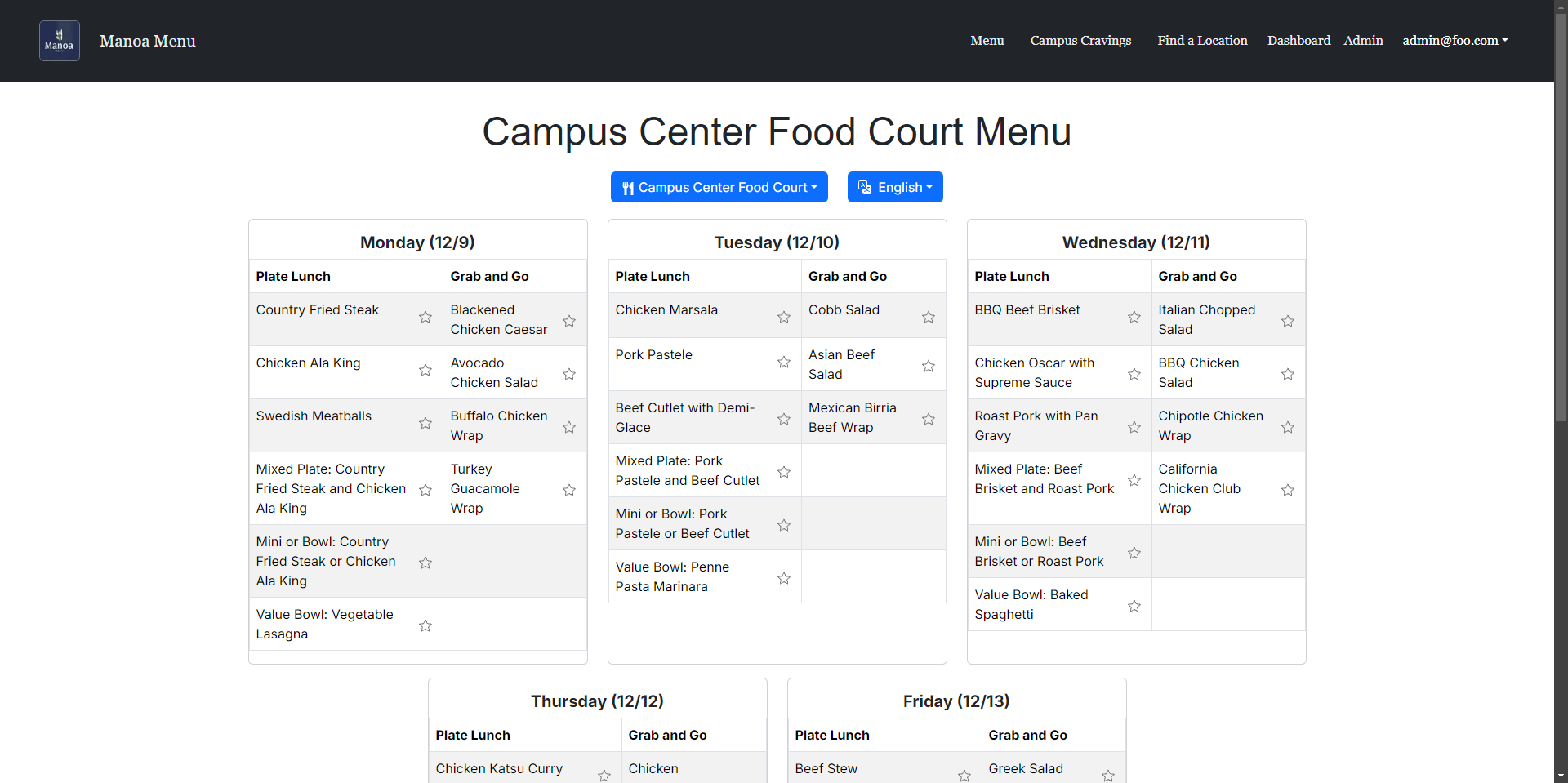 Menu Page